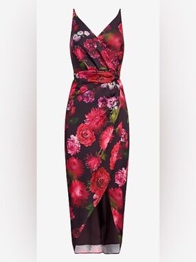 Express Black High-Low Floral Wrap Dress with Pink & Green Blooms